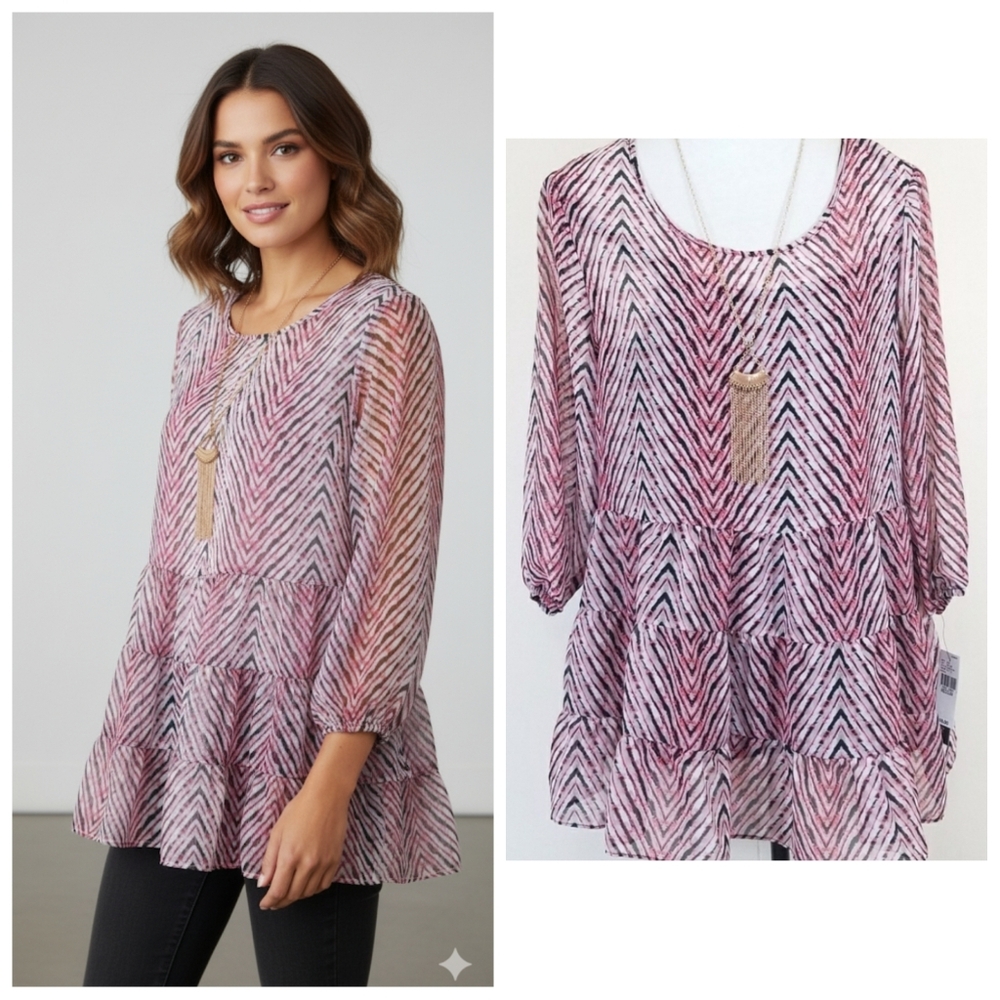Women's sheer babydoll blouse with gold necklace from AB Studio size medium NWT